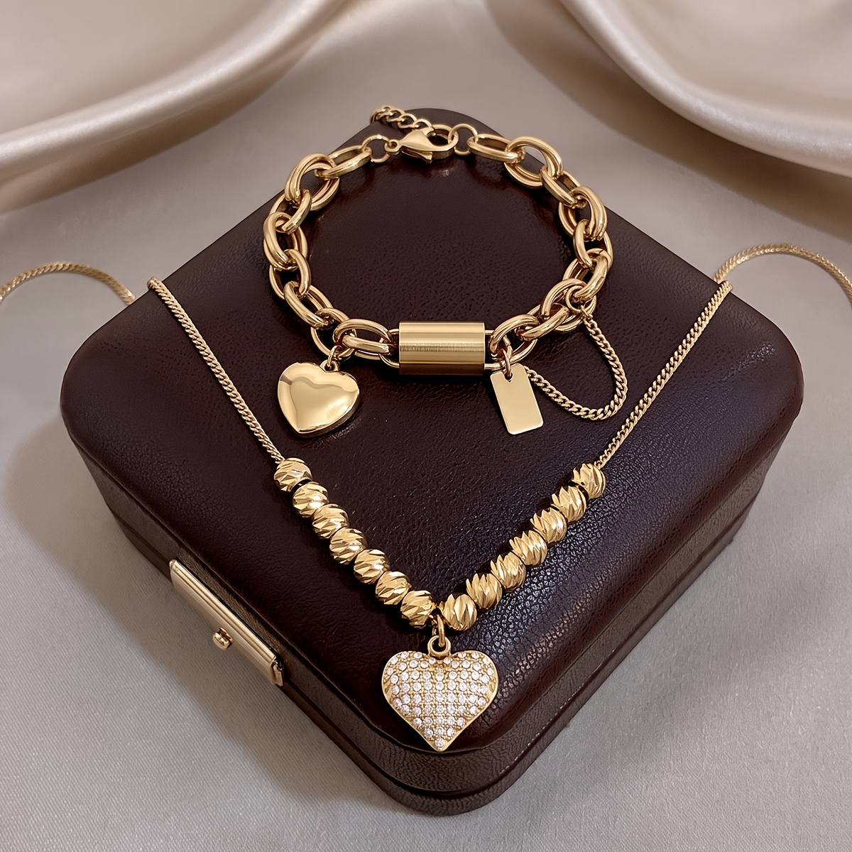 2pcs Elegant 18K Gold Plated Heart Bracelet & Necklace Set, Romantic Gift